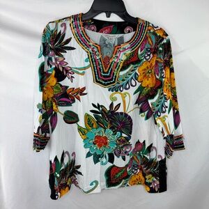 John Mark Black and White Graphic Blouse with 3/4 Sleeves Petite Medium